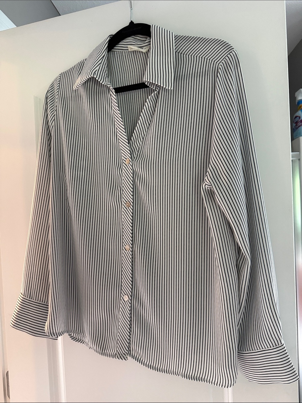 Classic Vertical Stripe Button-Up Blouse - Black & White